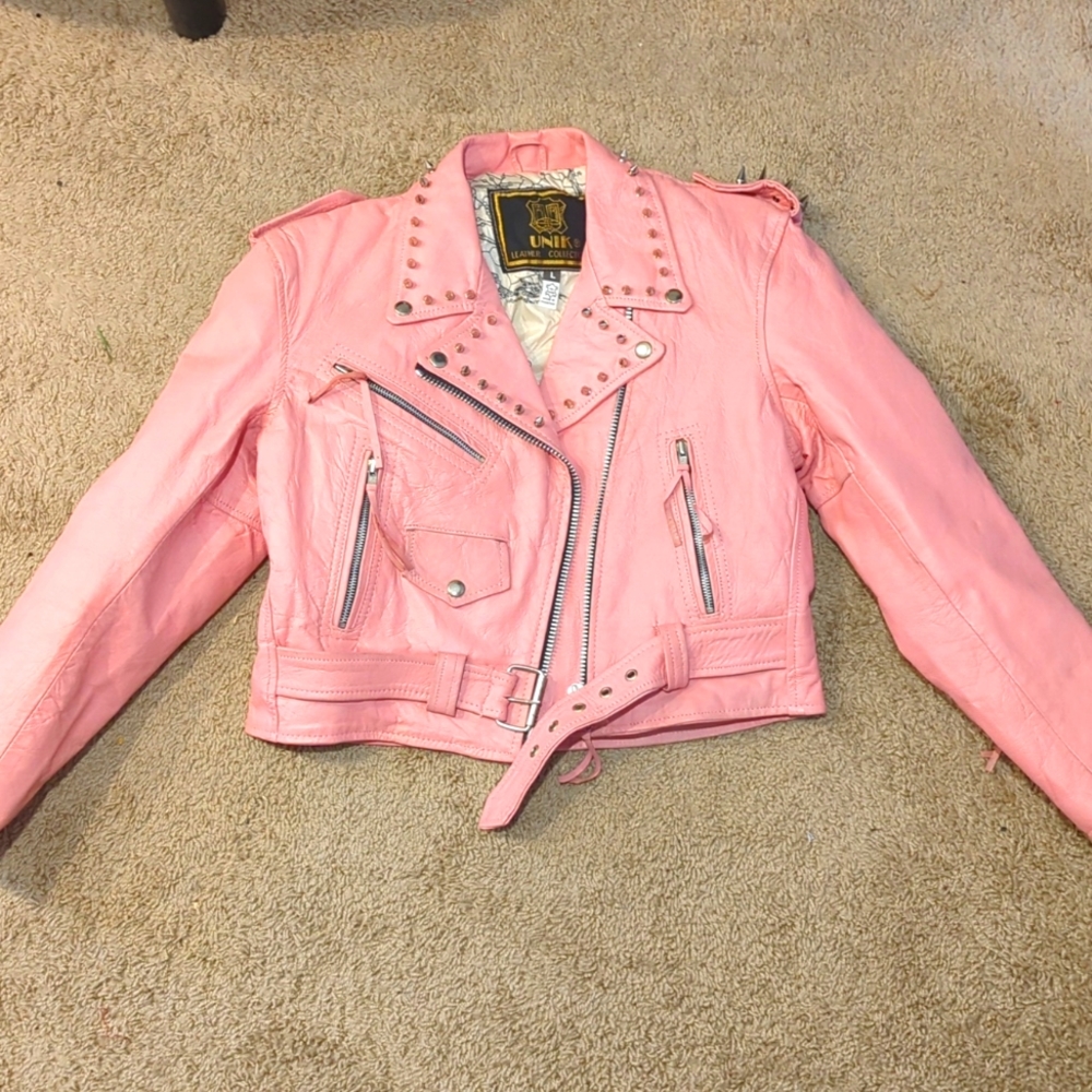 Pink genuine leather studded jacket